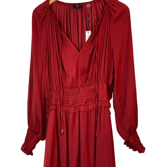 T Tahari Red Midi Dress XL Ruffle Smock Waist & Cuffs Pockets NWT 10014 - Picture 11 of 14